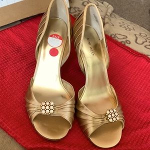 Gold satin special occasion heels